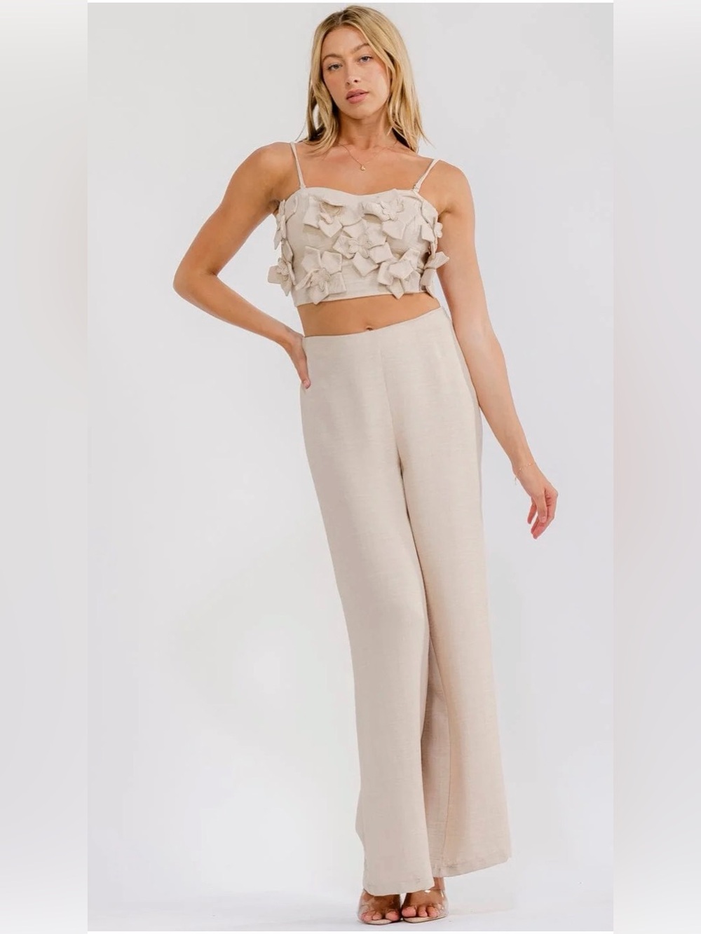A742. Beige Wide-Leg Pants & Top Set